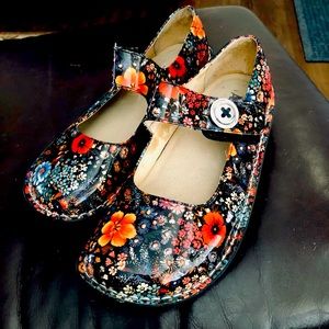Black with multi colored flowers Mary Jane style shoes by Alegria